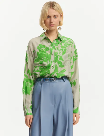 Chemise en soie fleurie grise et verte