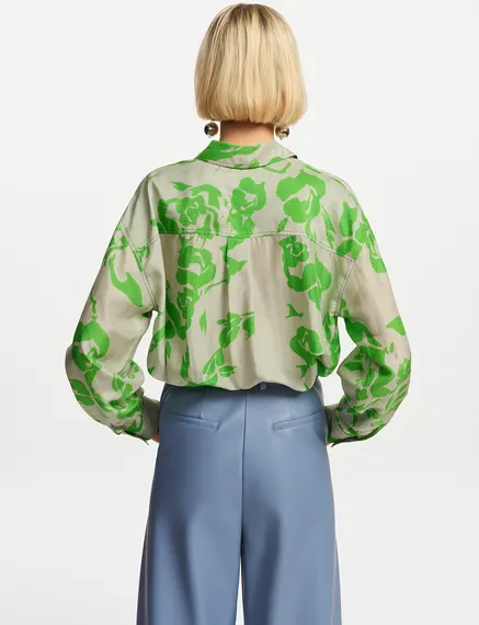 Chemise en soie fleurie grise et verte