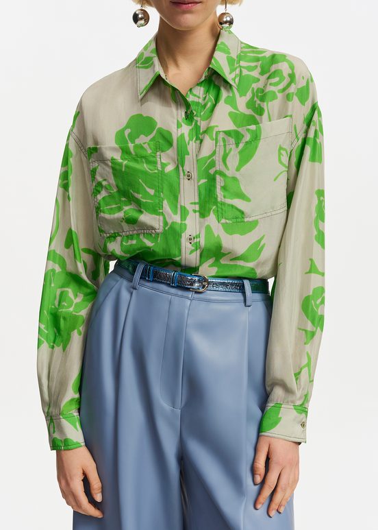 Chemise en soie fleurie grise et verte