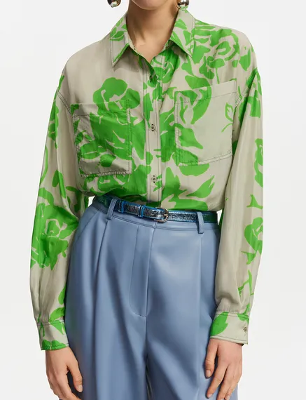 Chemise en soie fleurie grise et verte