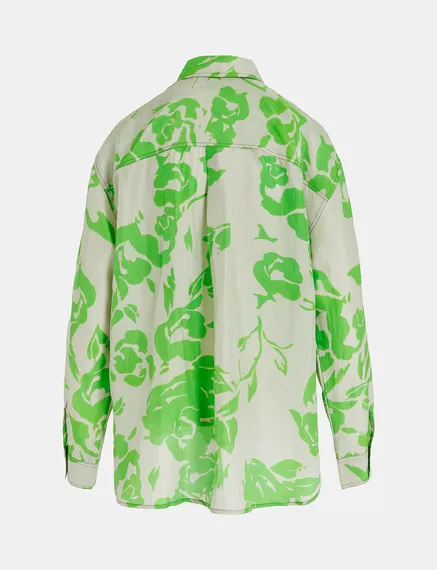 Chemise en soie fleurie grise et verte