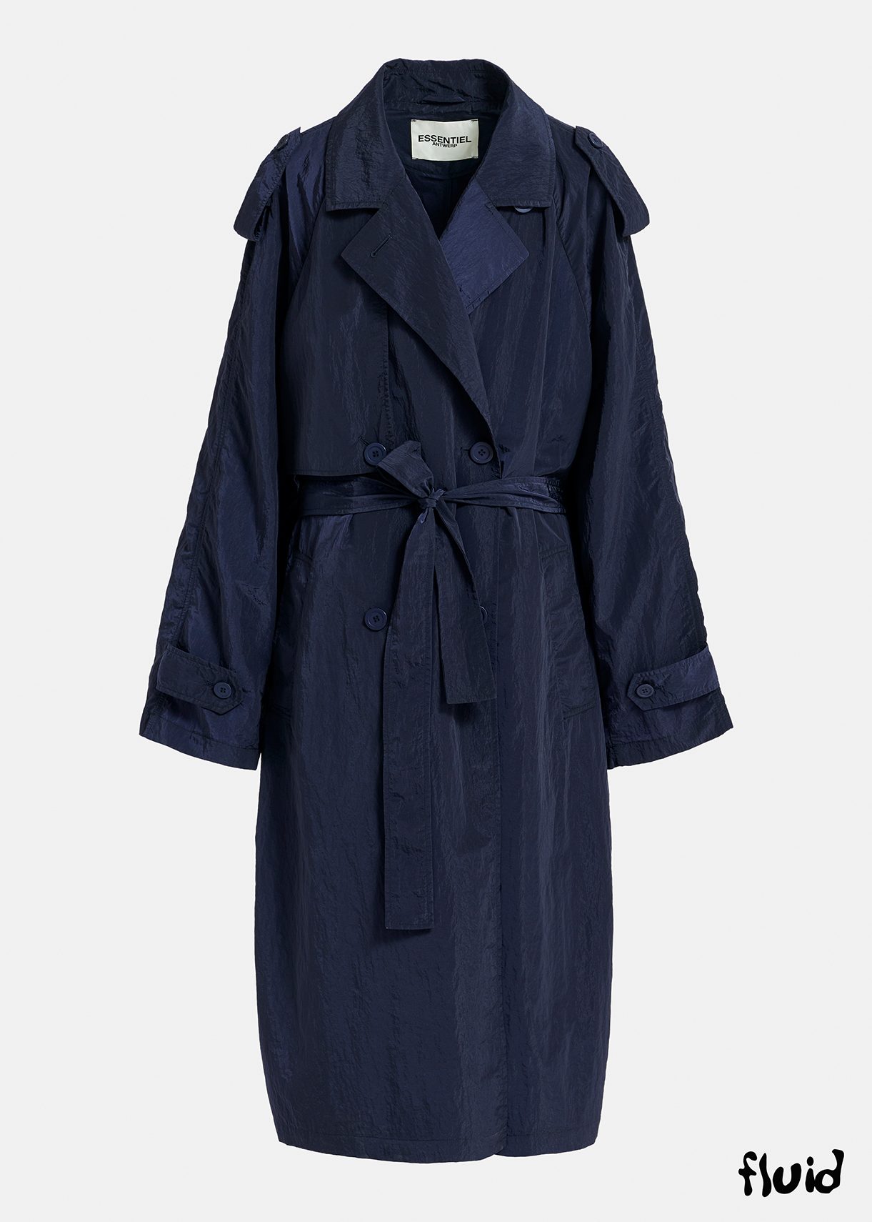 Navy blue double-breasted trench coat | Essentiel Antwerp Netherlands