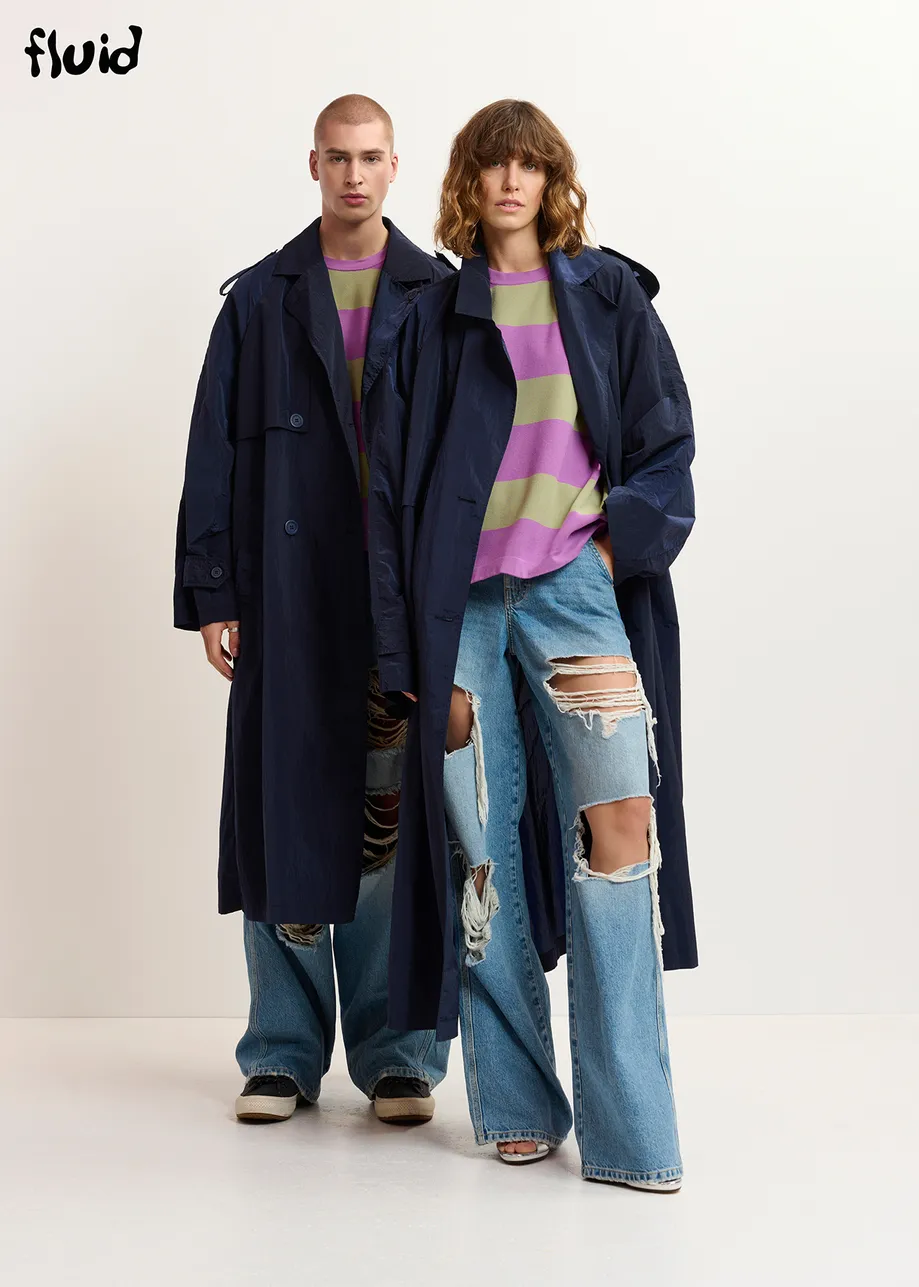 Navy blue double-breasted trench coat