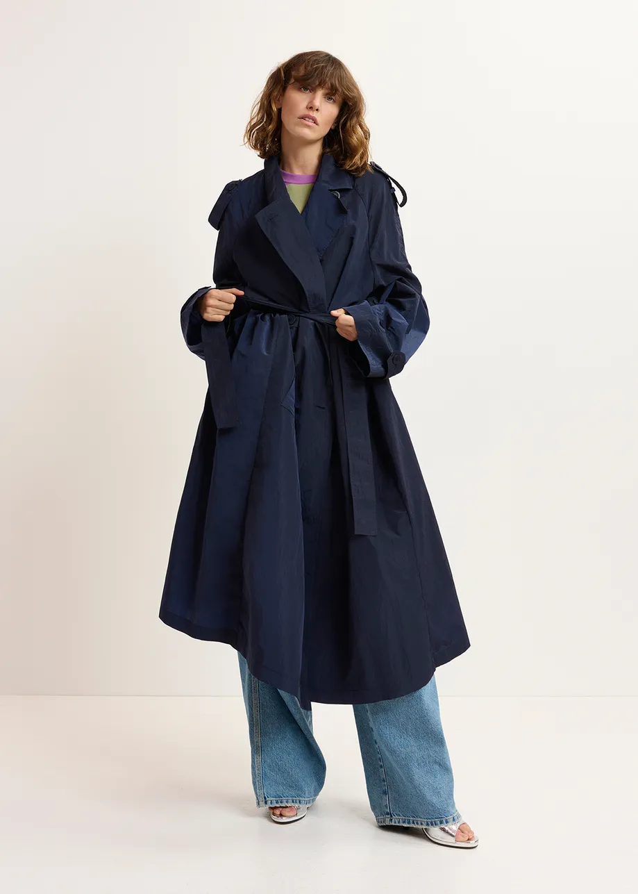 Navy blue double-breasted trench coat
