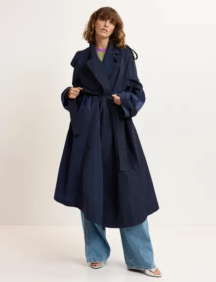 Navy blue double-breasted trench coat