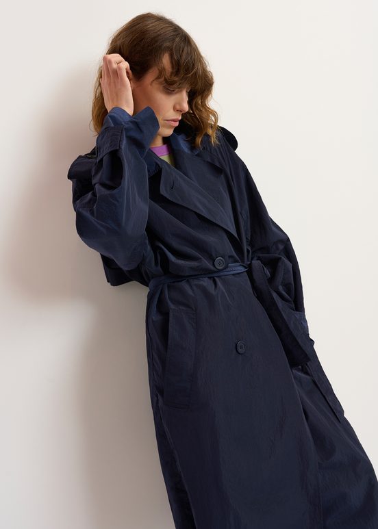 Navy blue double-breasted trench coat