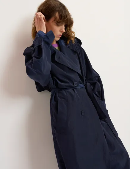 Navy blue double-breasted trench coat