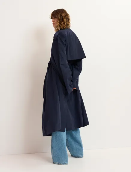 Navy blue double-breasted trench coat