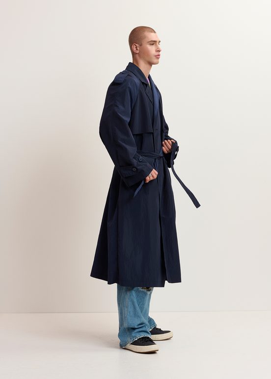 Navy blue double-breasted trench coat