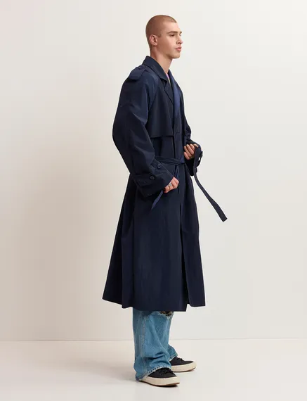 Navy blue double-breasted trench coat