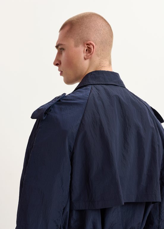 Navy blue double-breasted trench coat