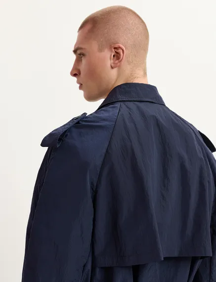 Navy blue double-breasted trench coat