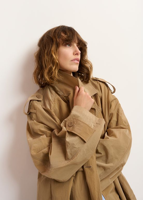 Camel double-breasted trench coat