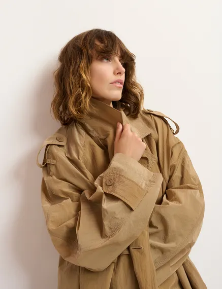 Camel double-breasted trench coat