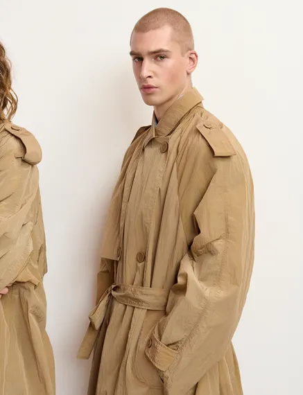 Camel double-breasted trench coat