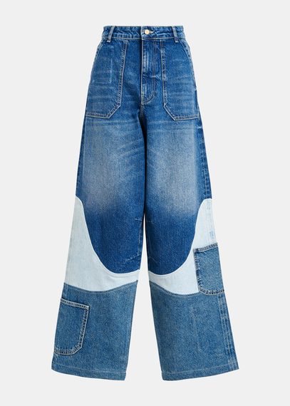 Blaue Patchwork-Jeans mit weitem Bein