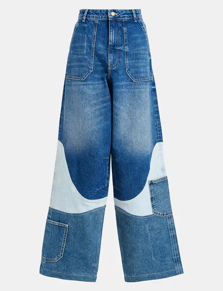 Blauwe patchwork jeans met brede pijpen