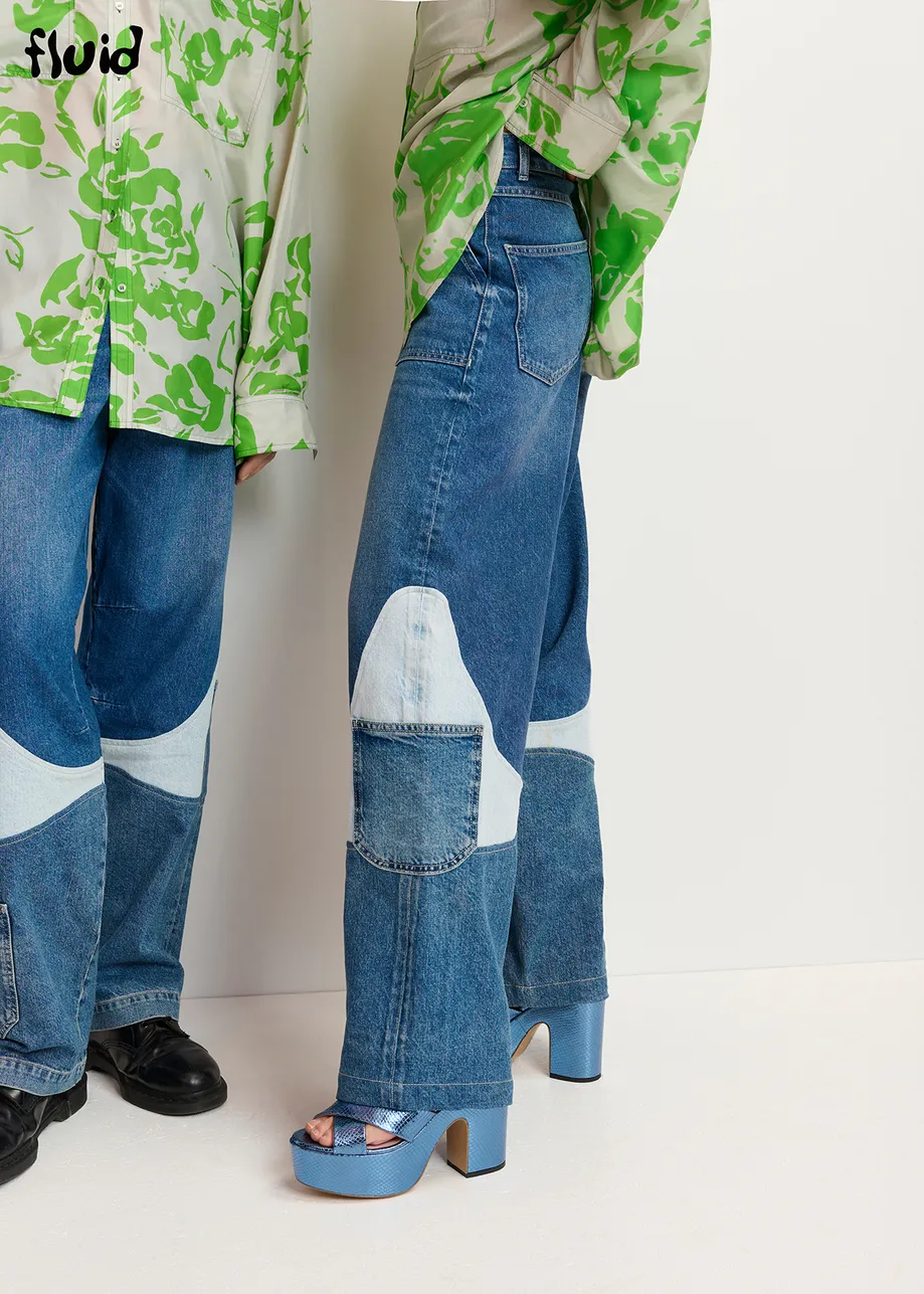 Wide-leg patchwork blue jeans