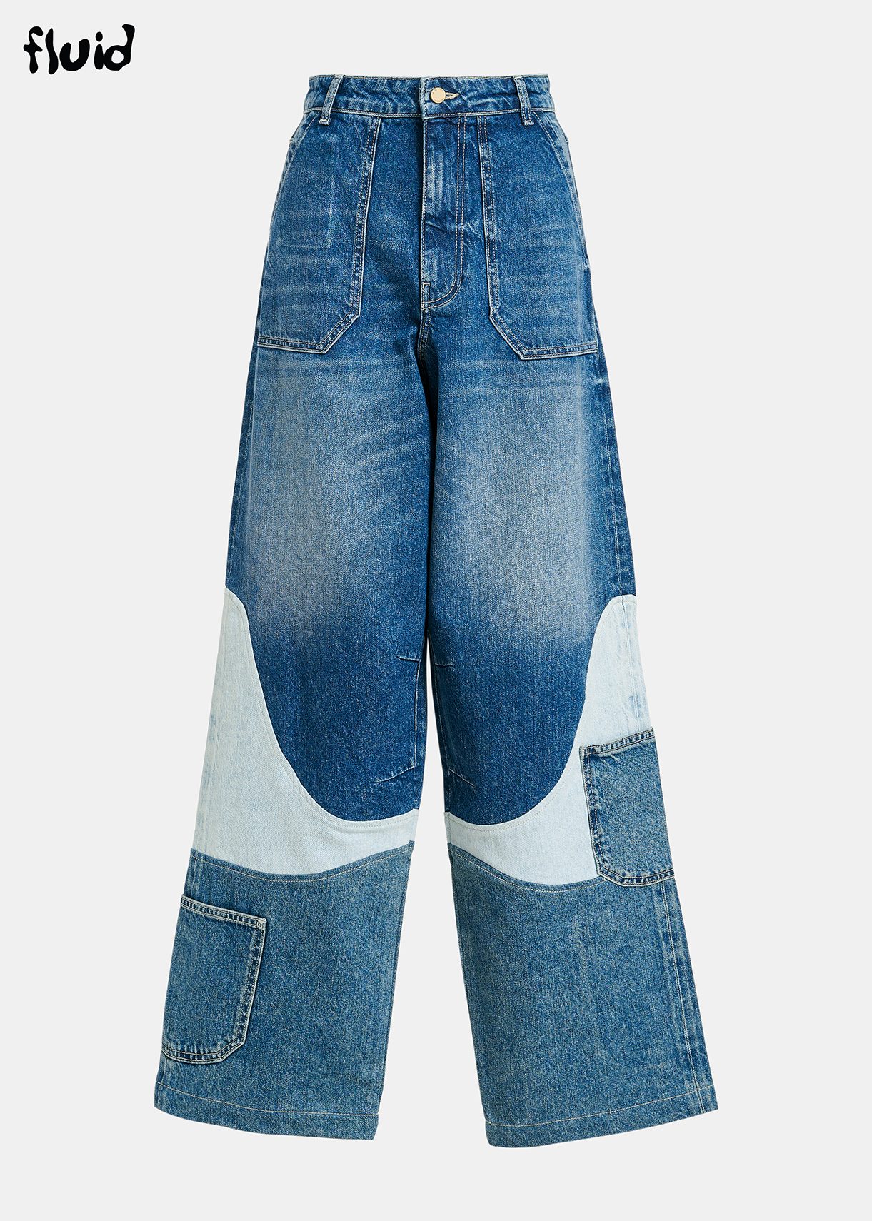 Wide-leg patchwork blue jeans