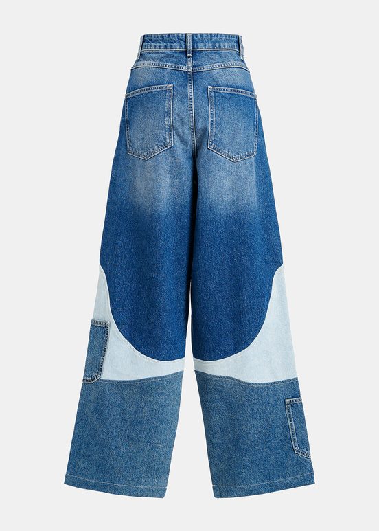 Blauwe patchwork jeans met brede pijpen