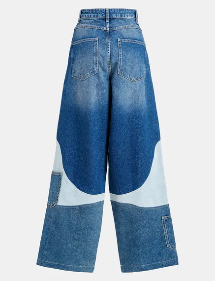 Blauwe patchwork jeans met brede pijpen