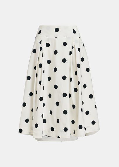 White and black polka-dot pleated midi skirt