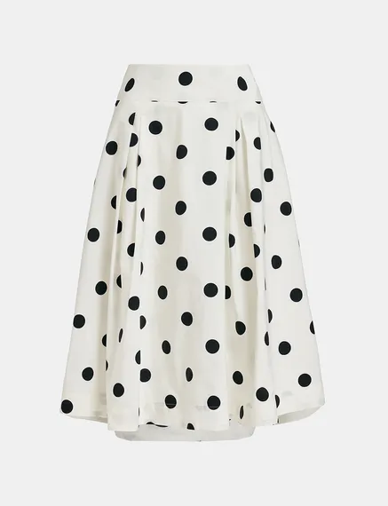 White and black polka-dot pleated midi skirt