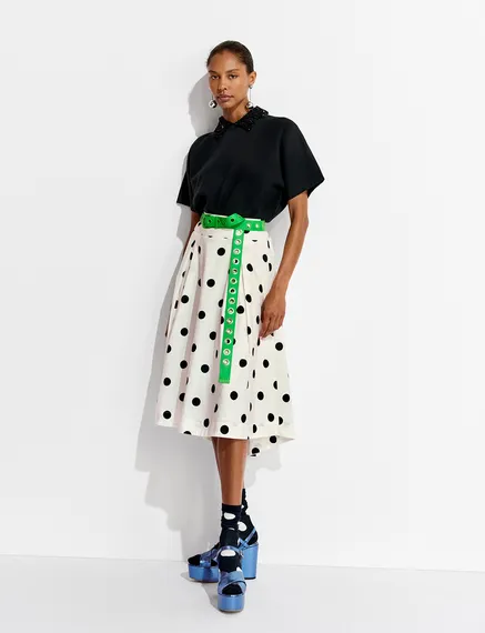 White and black polka-dot pleated midi skirt