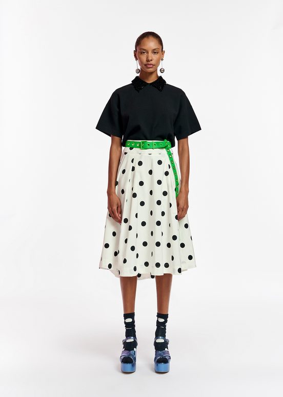 White and black polka-dot pleated midi skirt