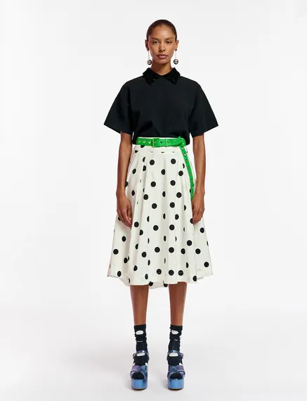 White and black polka-dot pleated midi skirt