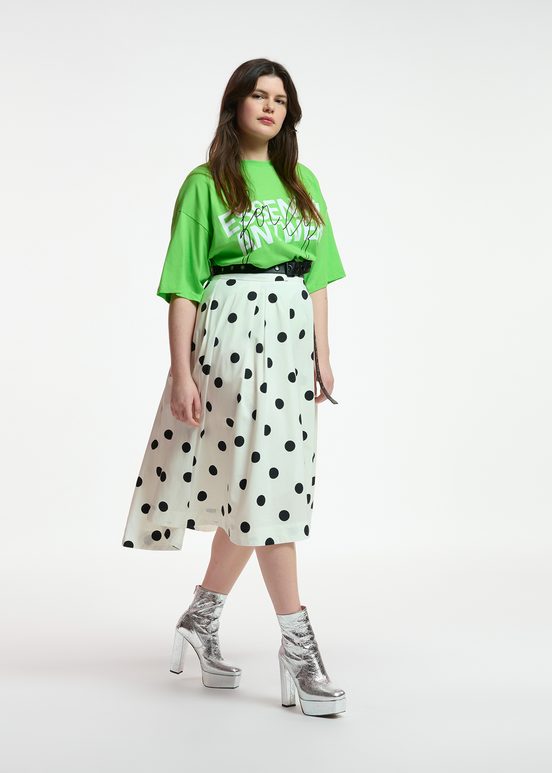 White and black polka-dot pleated midi skirt