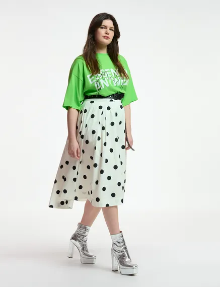 White and black polka-dot pleated midi skirt