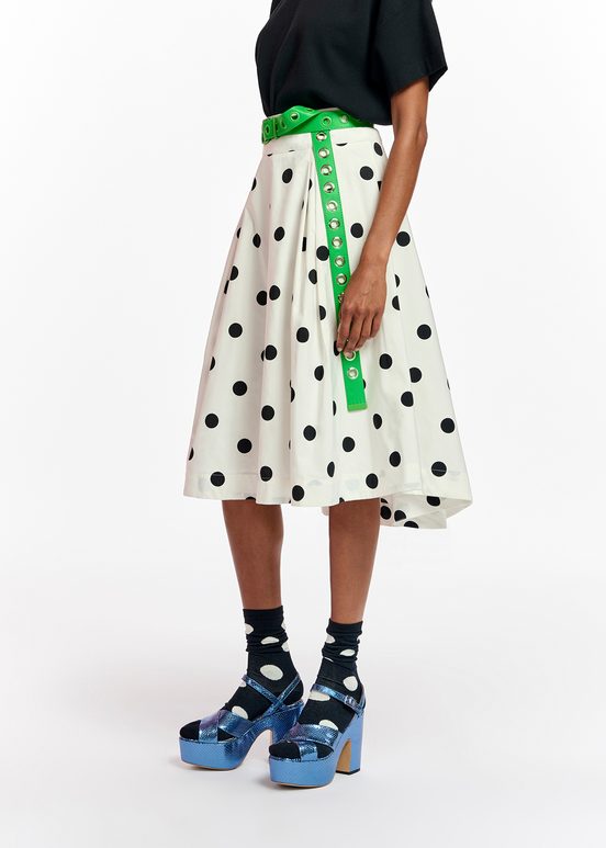 White and black polka-dot pleated midi skirt