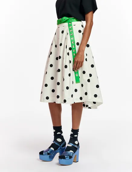 White and black polka-dot pleated midi skirt