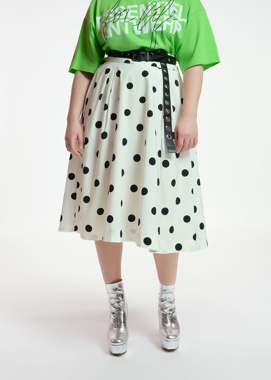 White and black polka-dot pleated midi skirt