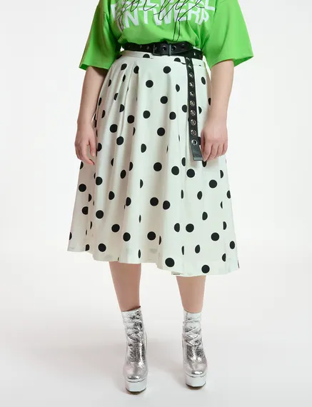 White and black polka-dot pleated midi skirt