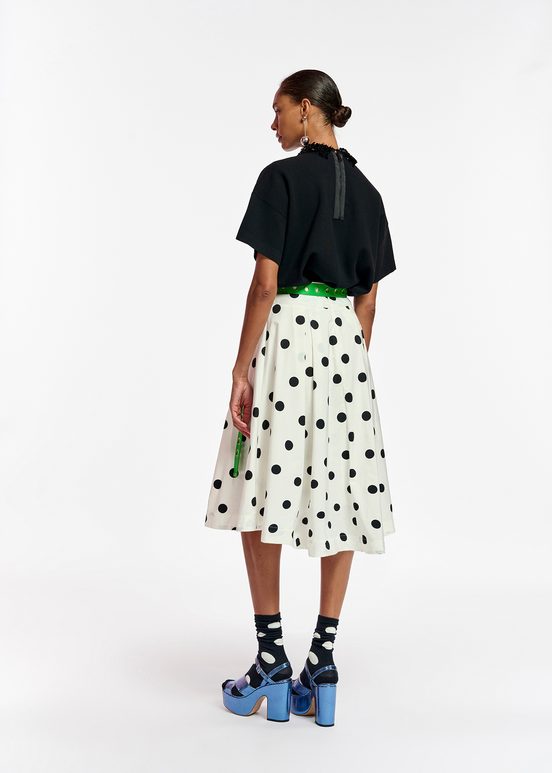 White and black polka-dot pleated midi skirt