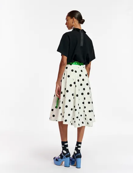 White and black polka-dot pleated midi skirt