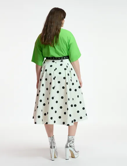 White and black polka-dot pleated midi skirt