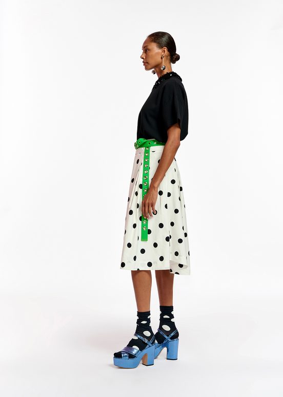 White and black polka-dot pleated midi skirt