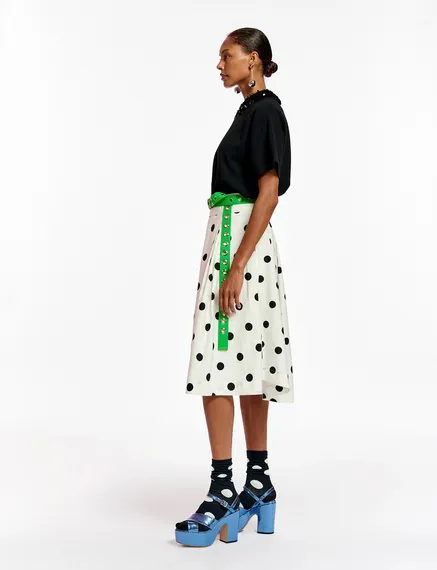 White and black polka-dot pleated midi skirt