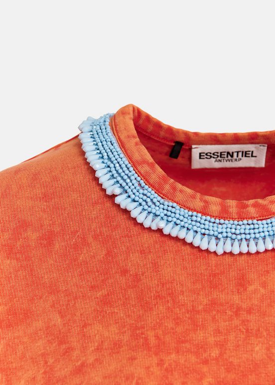 Orange cotton T-shirt with bead-embellished neckline