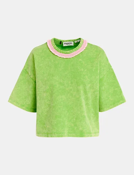 Green cotton T-shirt with bead-embellished neckline