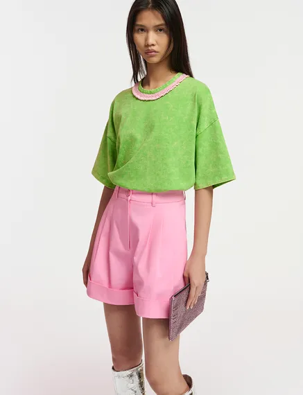 Green cotton T-shirt with bead-embellished neckline