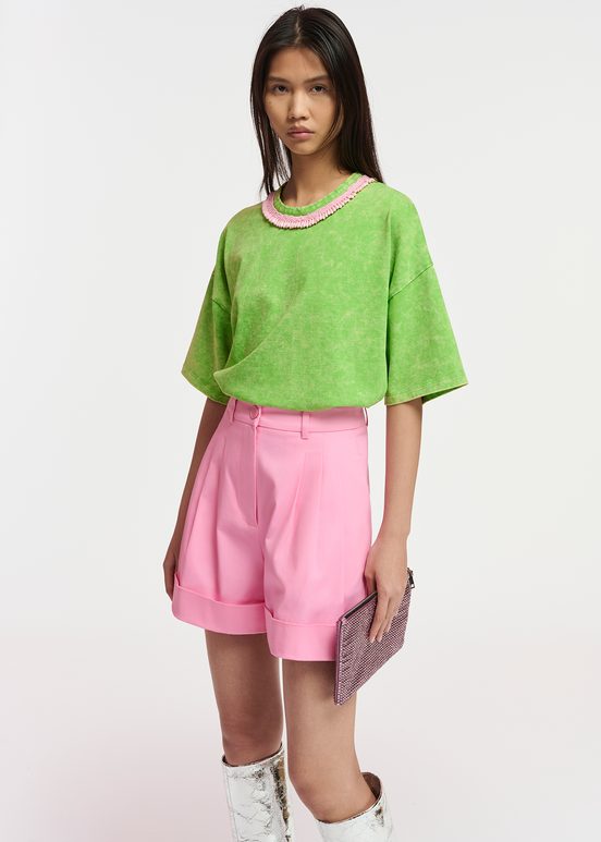 Green cotton T-shirt with bead-embellished neckline