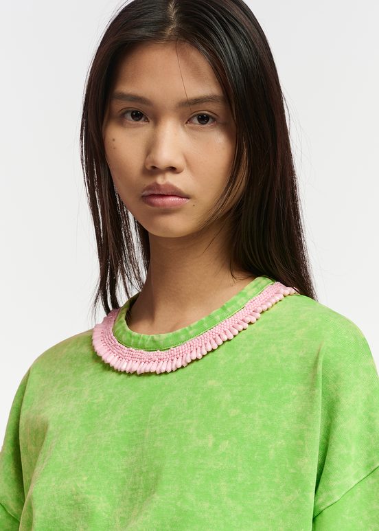 Green cotton T-shirt with bead-embellished neckline