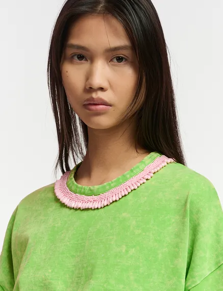 Green cotton T-shirt with bead-embellished neckline