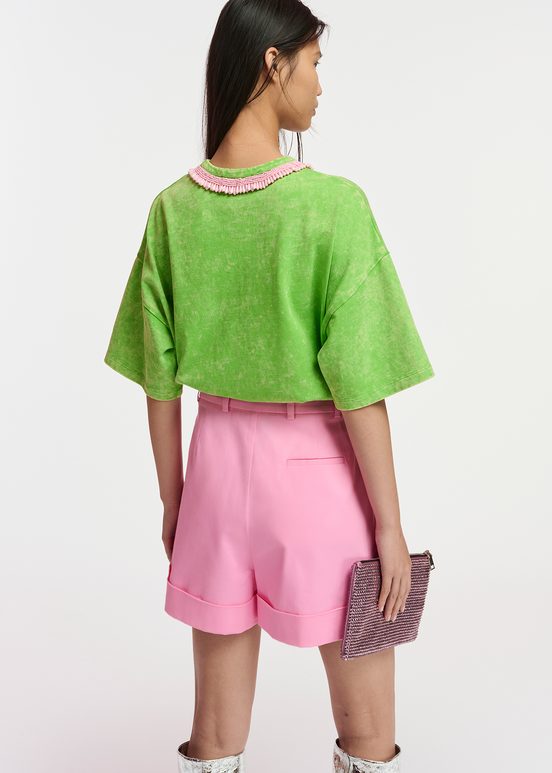 Green cotton T-shirt with bead-embellished neckline