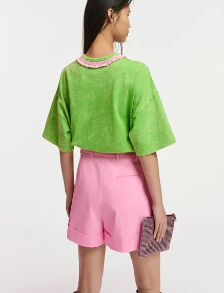 Green cotton T-shirt with bead-embellished neckline