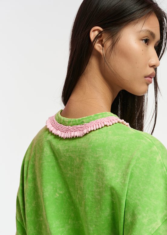 Green cotton T-shirt with bead-embellished neckline